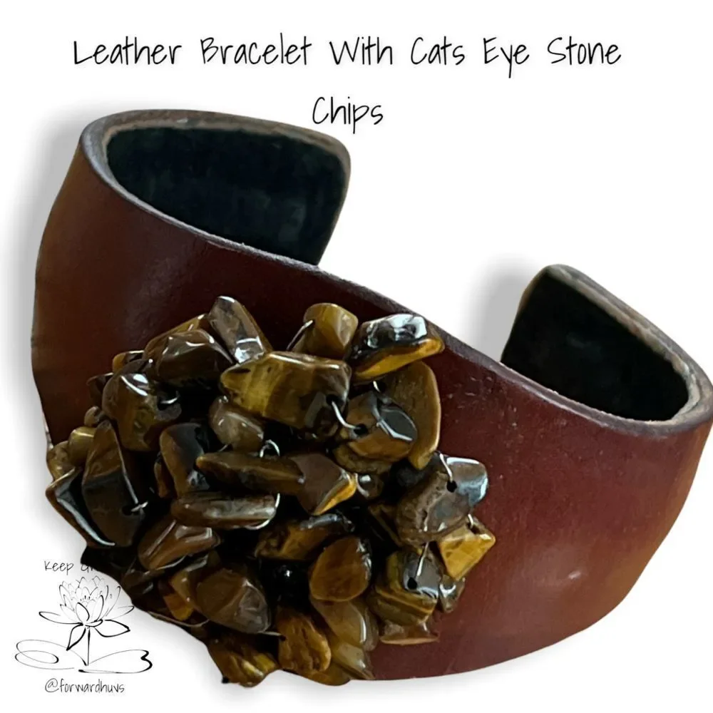 Leather Cuff Bracelet With Tigers Eye Chips Center